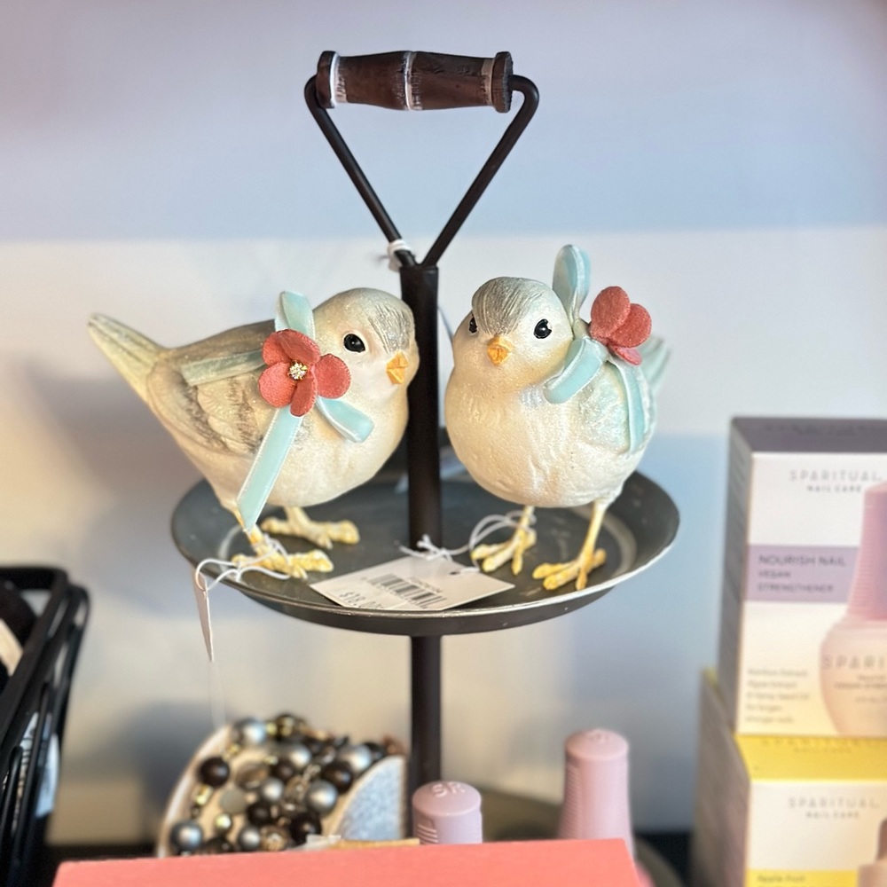 Grey & White Spring Birds Figurine Set of 2 Blue Bow with Pink Flower